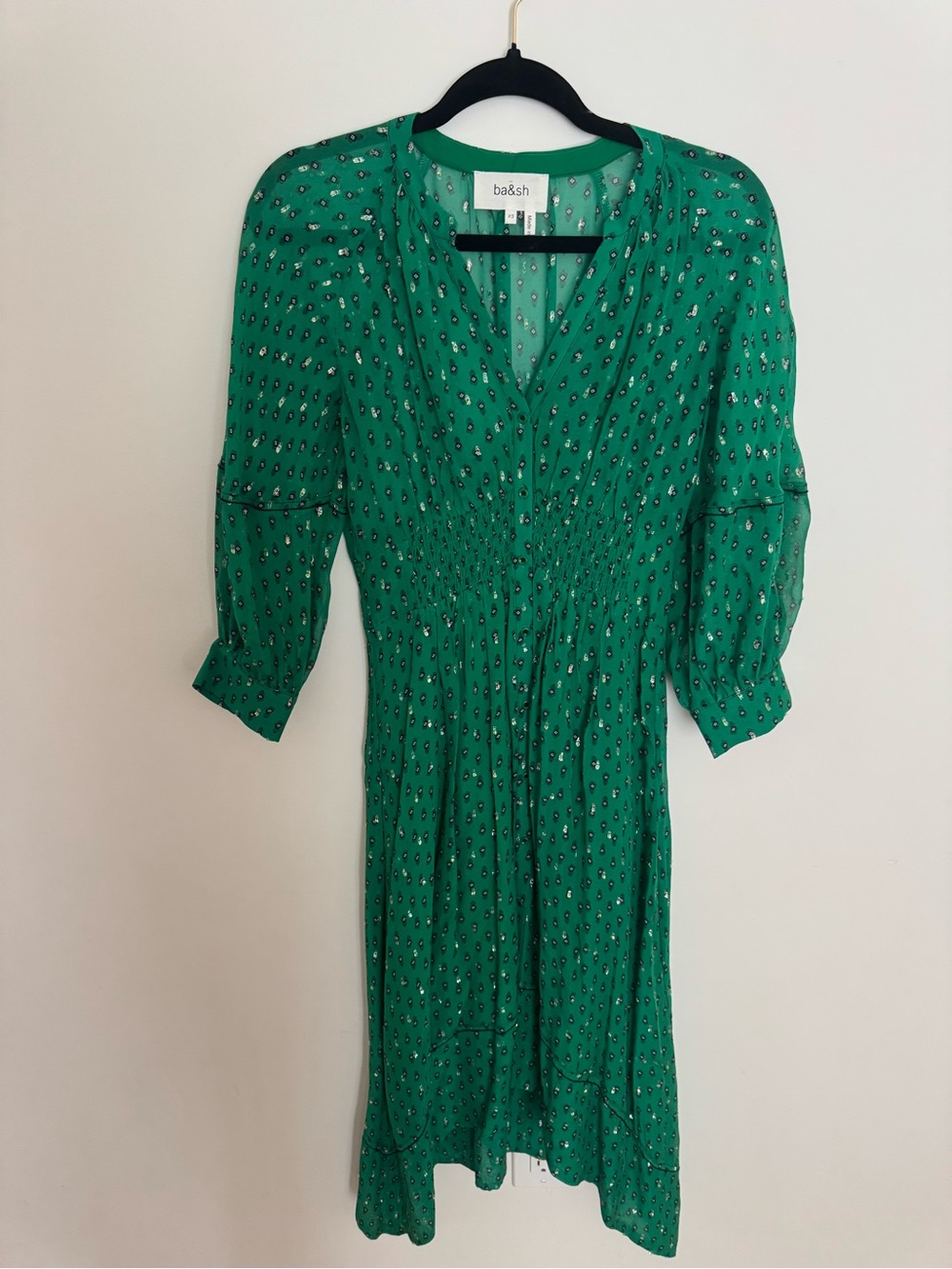 ba&sh Green Printed V-Neck Smocked Midi Dress